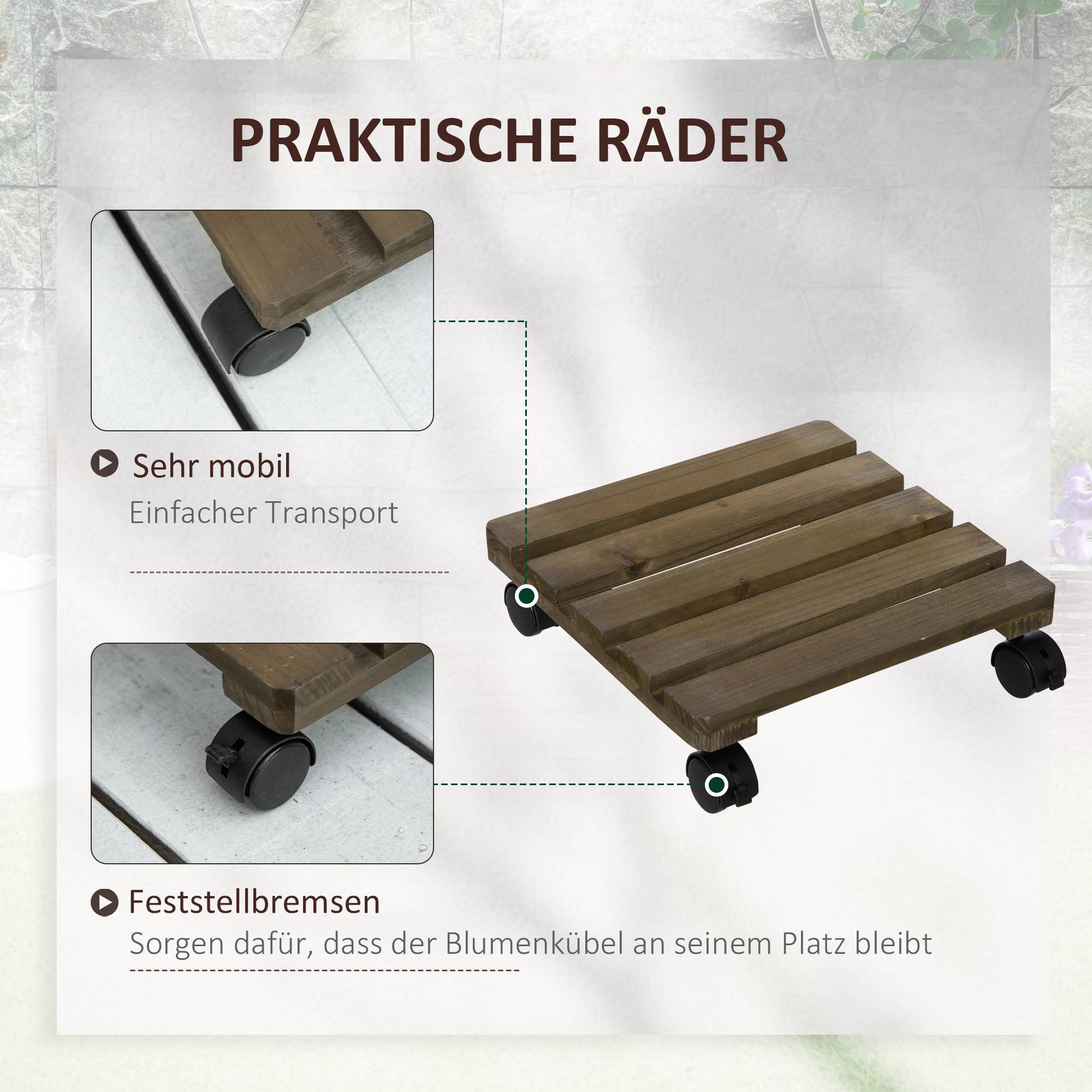 Lot 2 Supports Plantes Bois Massif Intérieur Extérieur Roulettes Freins 30x30x7cm Brun - ComfortXL Outdoor Living - Image 6