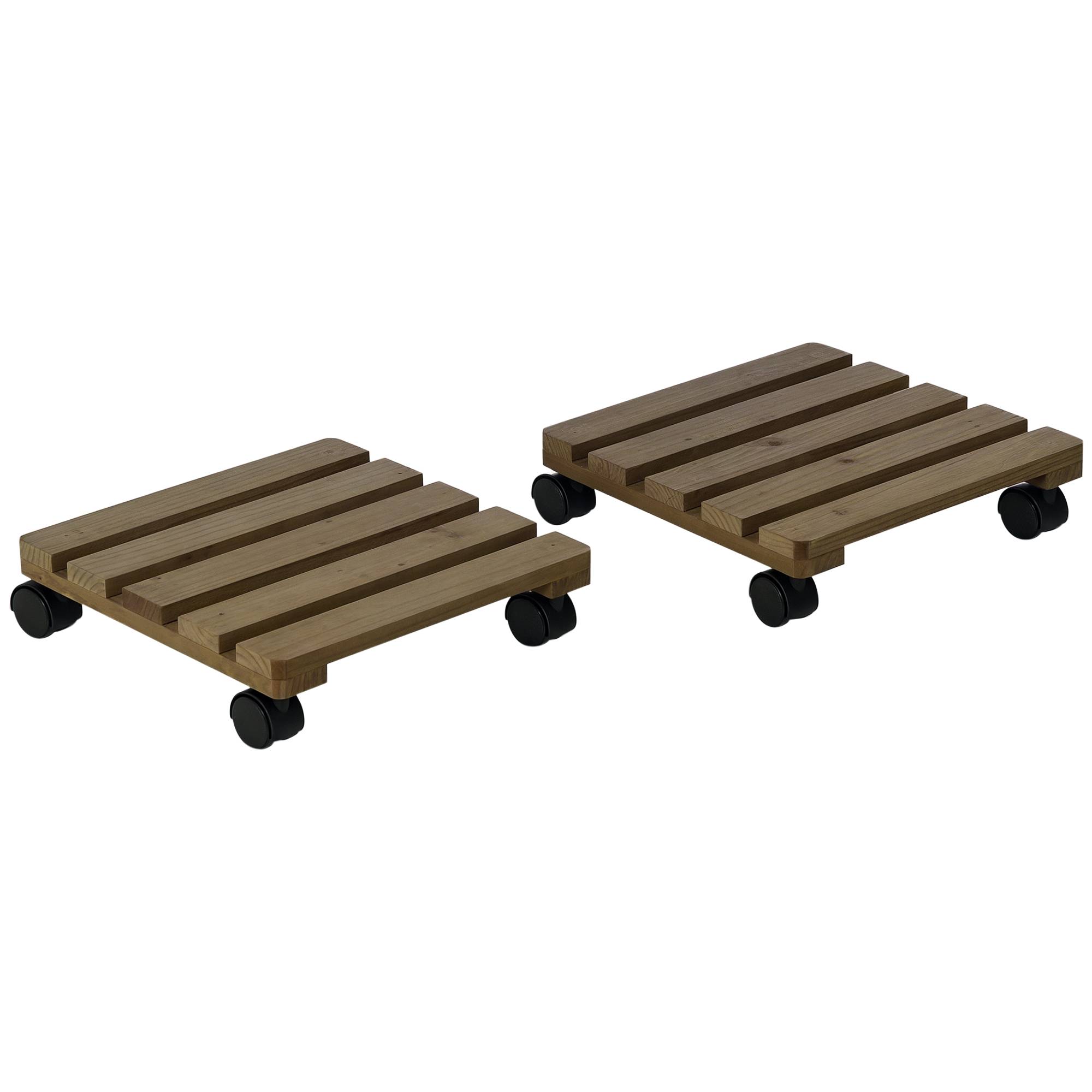 Lot 2 Supports Plantes Bois Massif Intérieur Extérieur Roulettes Freins 30x30x7cm Brun - ComfortXL Outdoor Living - Image 1