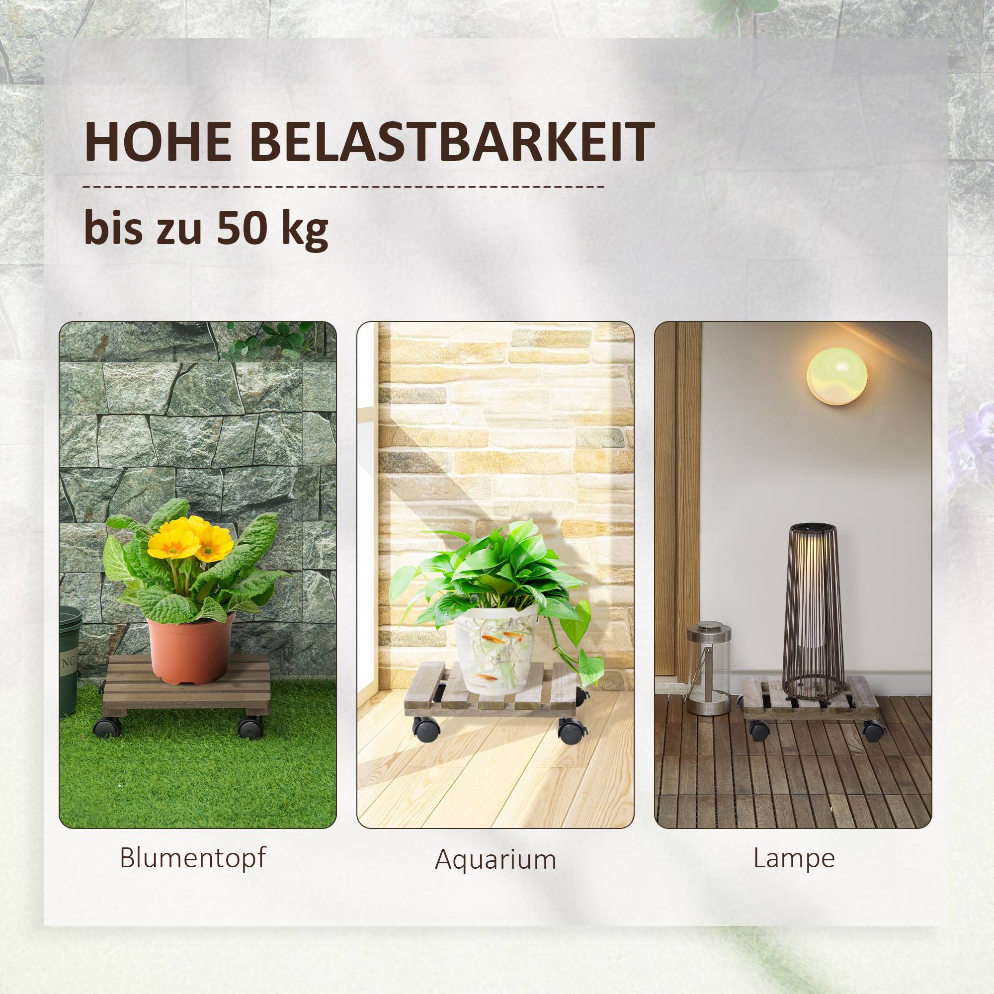 Lot 2 Supports Plantes Bois Massif Intérieur Extérieur Roulettes Freins 30x30x7cm Brun - ComfortXL Outdoor Living - Image 8