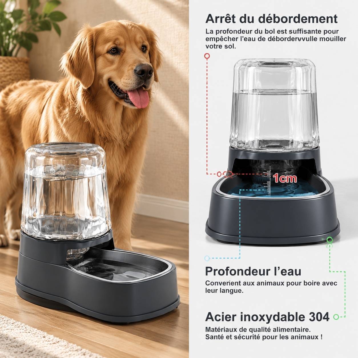 Distributeur Automatique Nourriture Eau Pour Animaux Compagnie Gamelles Inox 304 Grande Capacité - Image 4
