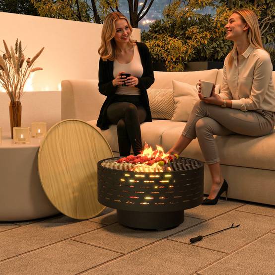 ComfortXL - Brasero 3-en-1 métal Ø60 x 39 cm gris charbon pour terrasse jardin avec grille inox table et pare-étincelles - Image 1