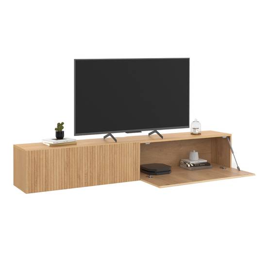 Meuble TV 180 cm suspendu JULIETTE 2 portes lattes tasseau bois coloris chêne - Image 4