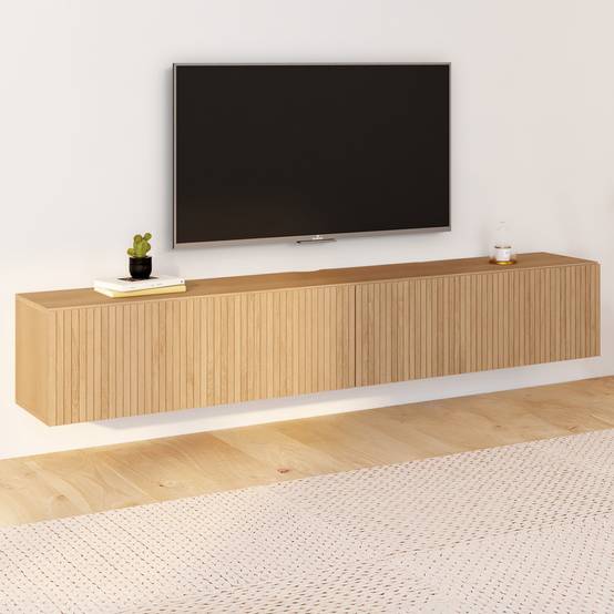Meuble TV 180 cm suspendu JULIETTE 2 portes lattes tasseau bois coloris chêne - Image 1