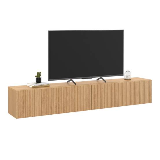 Meuble TV 180 cm suspendu JULIETTE 2 portes lattes tasseau bois coloris chêne - Image 2