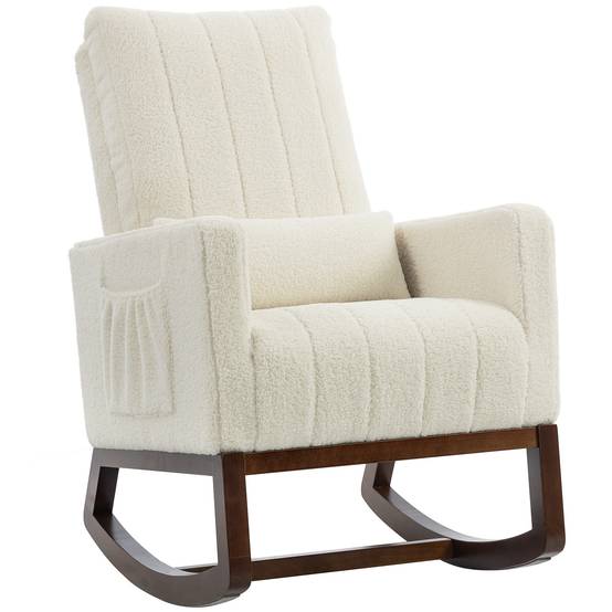 Sans Marque - Fauteuil à bascule, rocking chair en flanelle neige rembourré, coussin lombaire, dossier haut, poches latérales, crème - Image 2