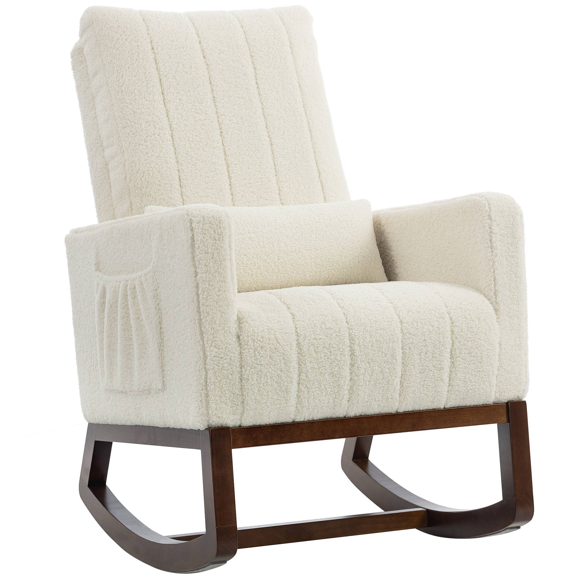 Sans Marque - Fauteuil à bascule, rocking chair en flanelle neige rembourré, coussin lombaire, dossier haut, poches latérales, crème - Image 2