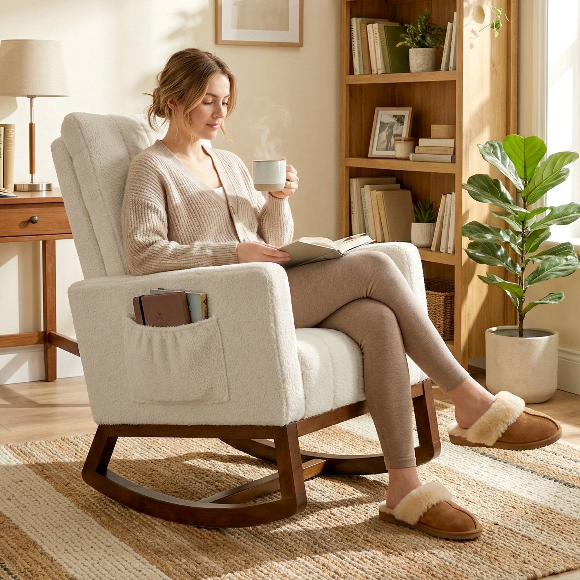 Sans Marque - Fauteuil à bascule, rocking chair en flanelle neige rembourré, coussin lombaire, dossier haut, poches latérales, crème - Image 3