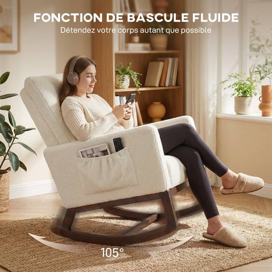 Sans Marque - Fauteuil à bascule, rocking chair en flanelle neige rembourré, coussin lombaire, dossier haut, poches latérales, crème - Image 6