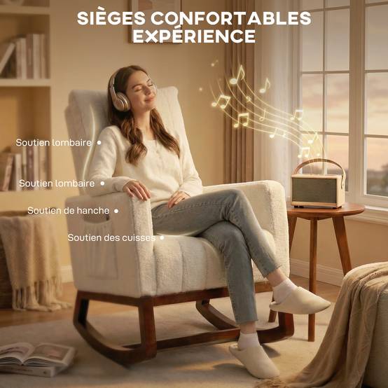 Sans Marque - Fauteuil à bascule, rocking chair en flanelle neige rembourré, coussin lombaire, dossier haut, poches latérales, crème - Image 7