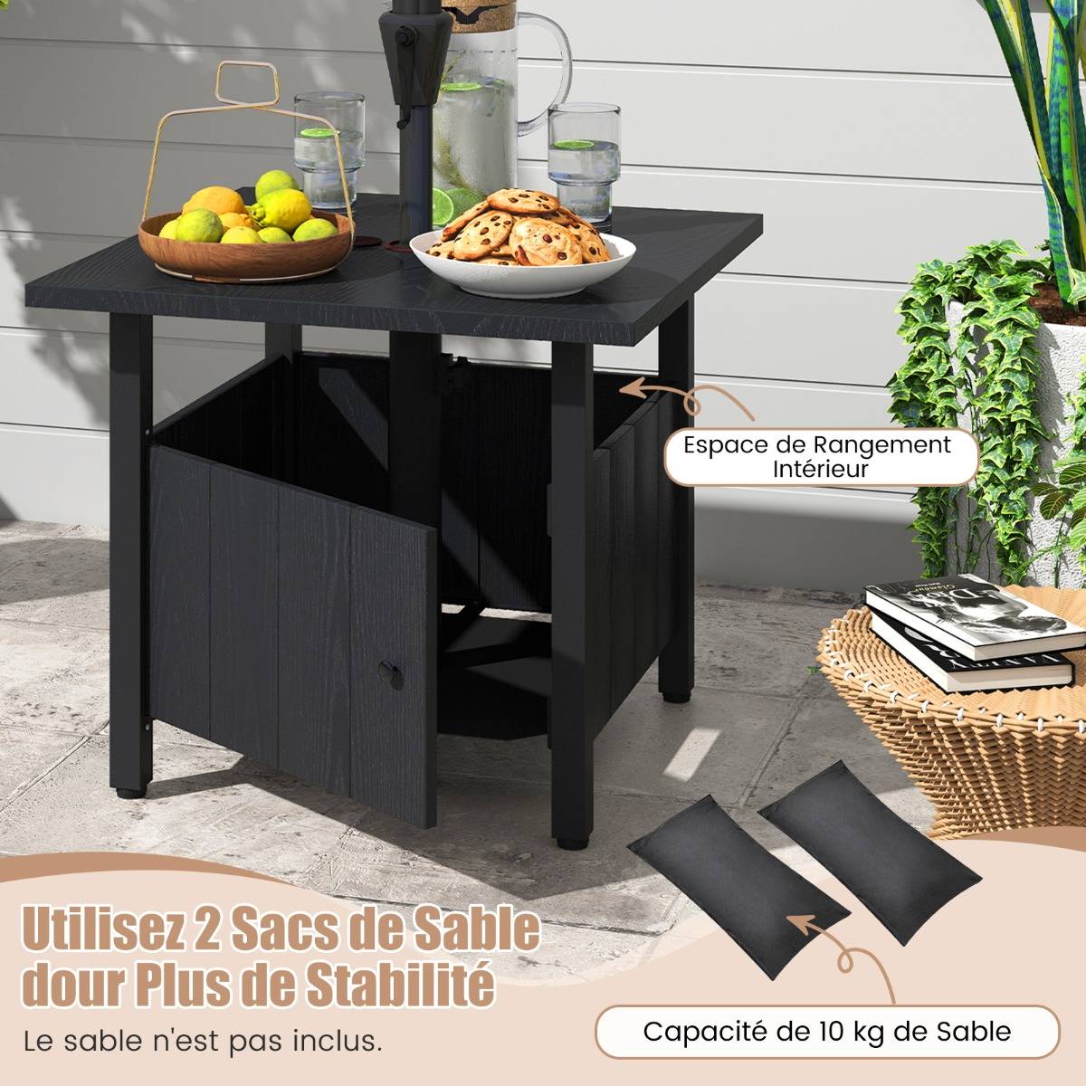 Table Basse Extérieure Table de jardin avec Trou pour Parasol 2 Sacs de Sable 55,5x55,5x48cm Noir - Image 6