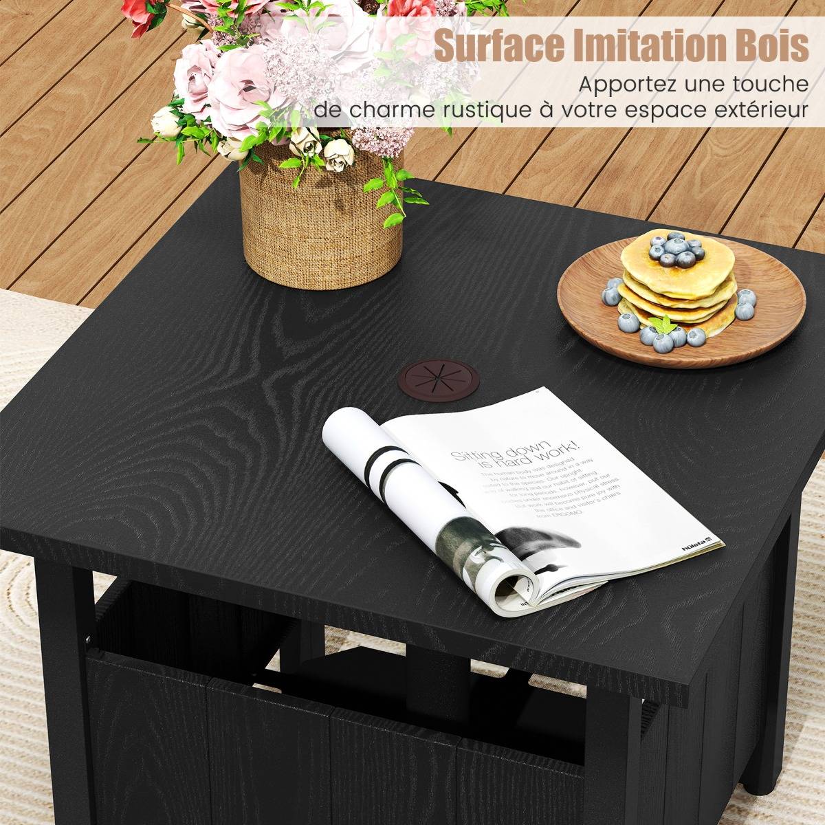 Table Basse Extérieure Table de jardin avec Trou pour Parasol 2 Sacs de Sable 55,5x55,5x48cm Noir - Image 7
