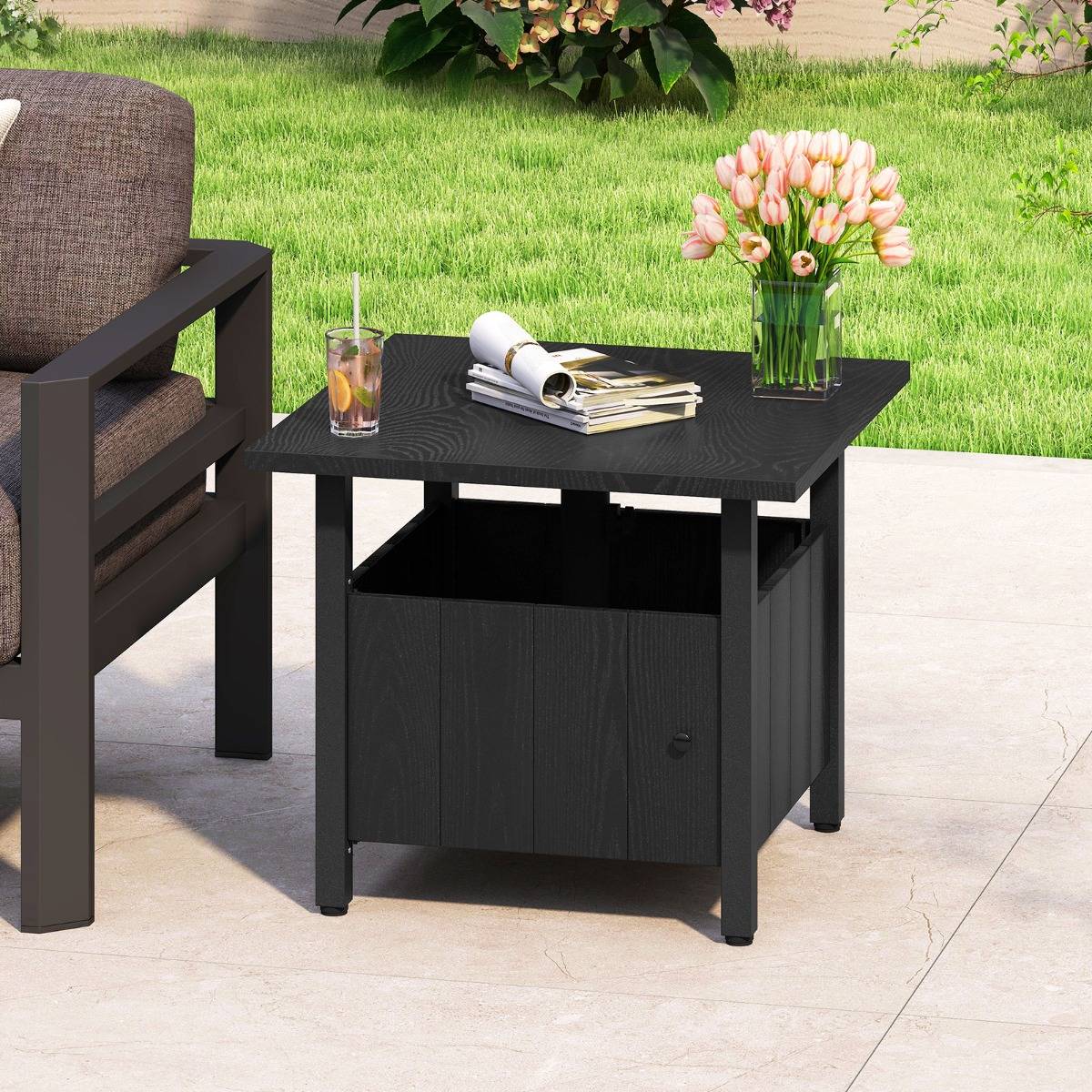 Table Basse Extérieure Table de jardin avec Trou pour Parasol 2 Sacs de Sable 55,5x55,5x48cm Noir - Image 3