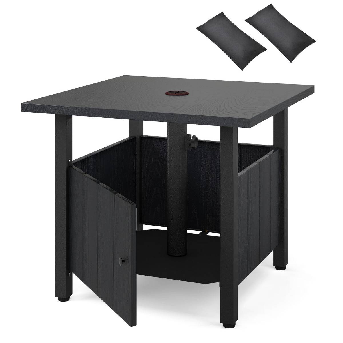 Table Basse Extérieure Table de jardin avec Trou pour Parasol 2 Sacs de Sable 55,5x55,5x48cm Noir