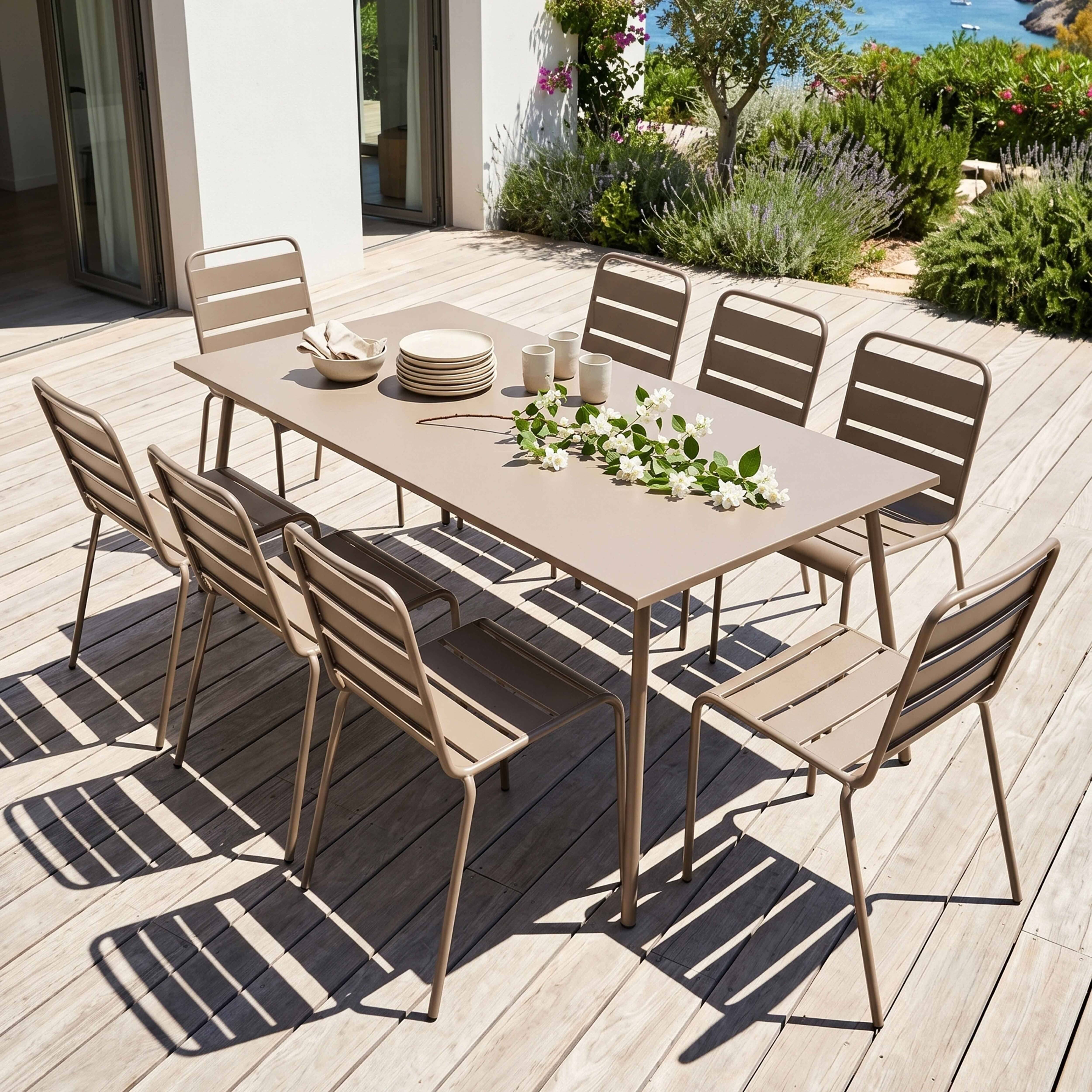 Oviala - Ensemble table de jardin et 8 chaises en métal taupe Palavas - Oviala - Imagen 2