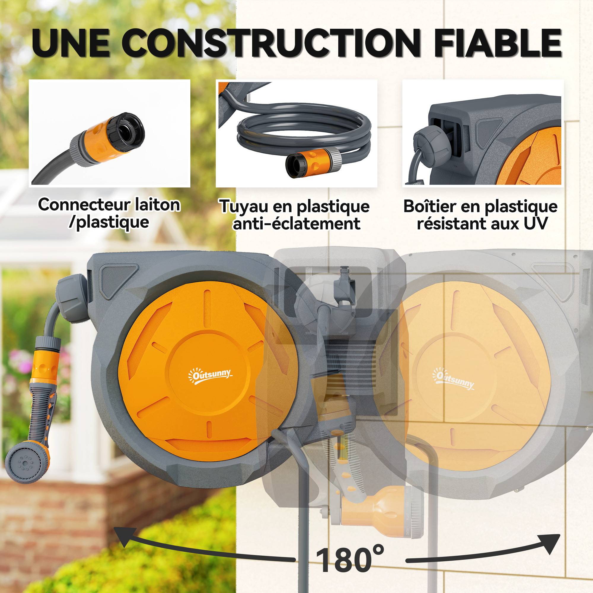 ComfortXL - Enrouleur de tuyau d'arrosage mural automatique en PP orange 30 m Ø 15 mm pivotant à 180° pour jardin et terrasse - Image 5