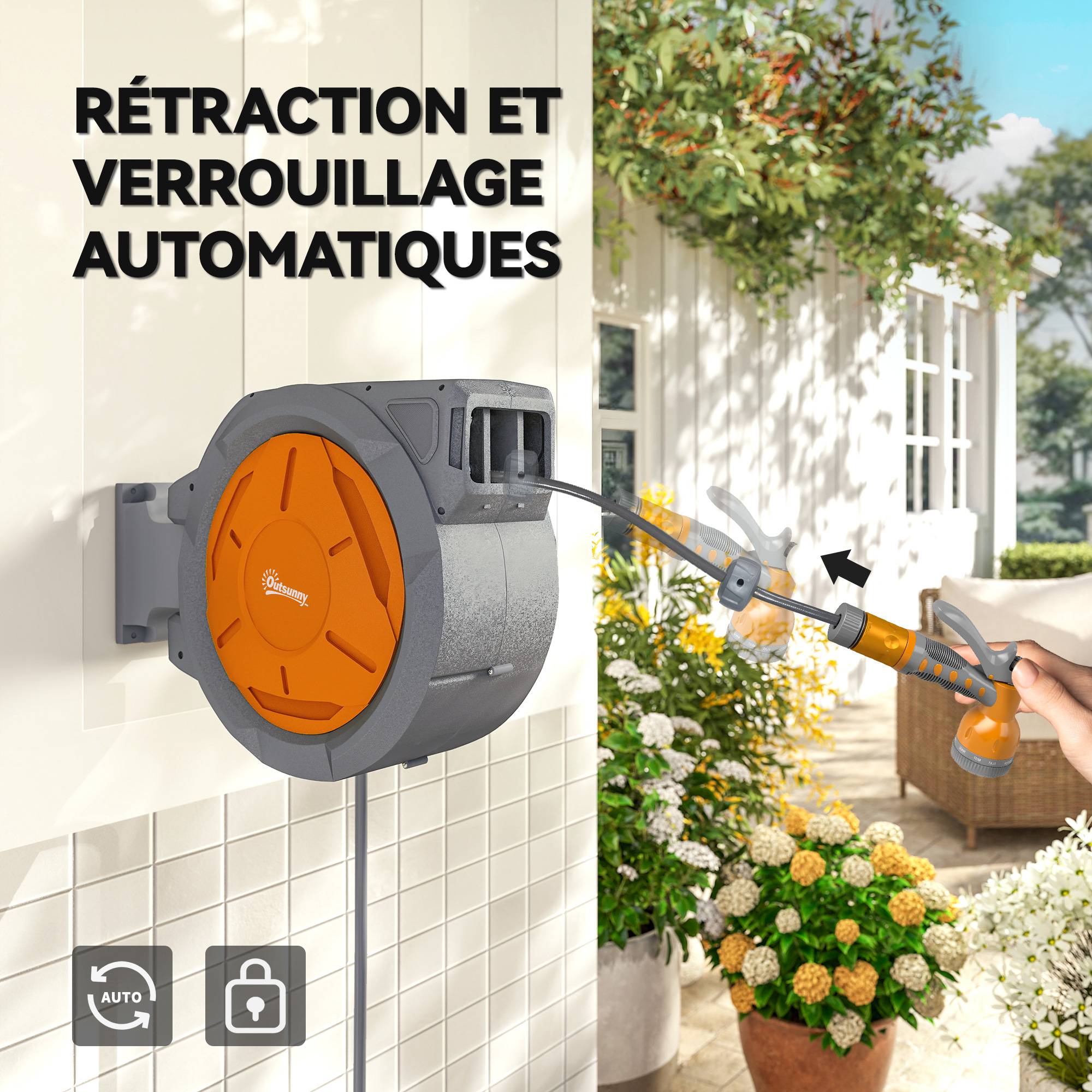 ComfortXL - Enrouleur de tuyau d'arrosage mural automatique en PP orange 30 m Ø 15 mm pivotant à 180° pour jardin et terrasse - Image 6