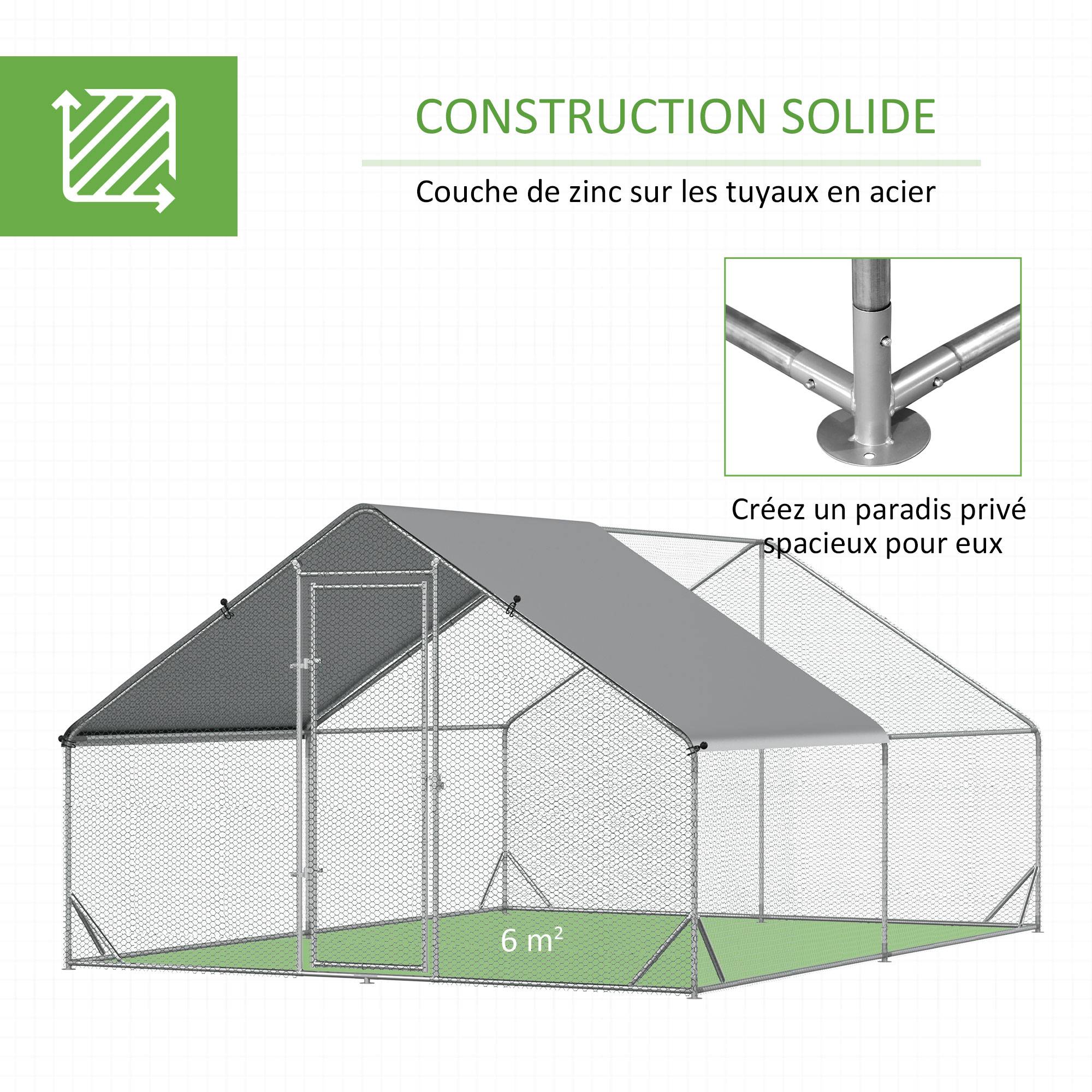 Enclos poulailler chenil volière extérieur 12 m² - Parc grillagé dim. 3L x 4l x 2H m - Espace Couvert - Acier galvanisé - Image 8