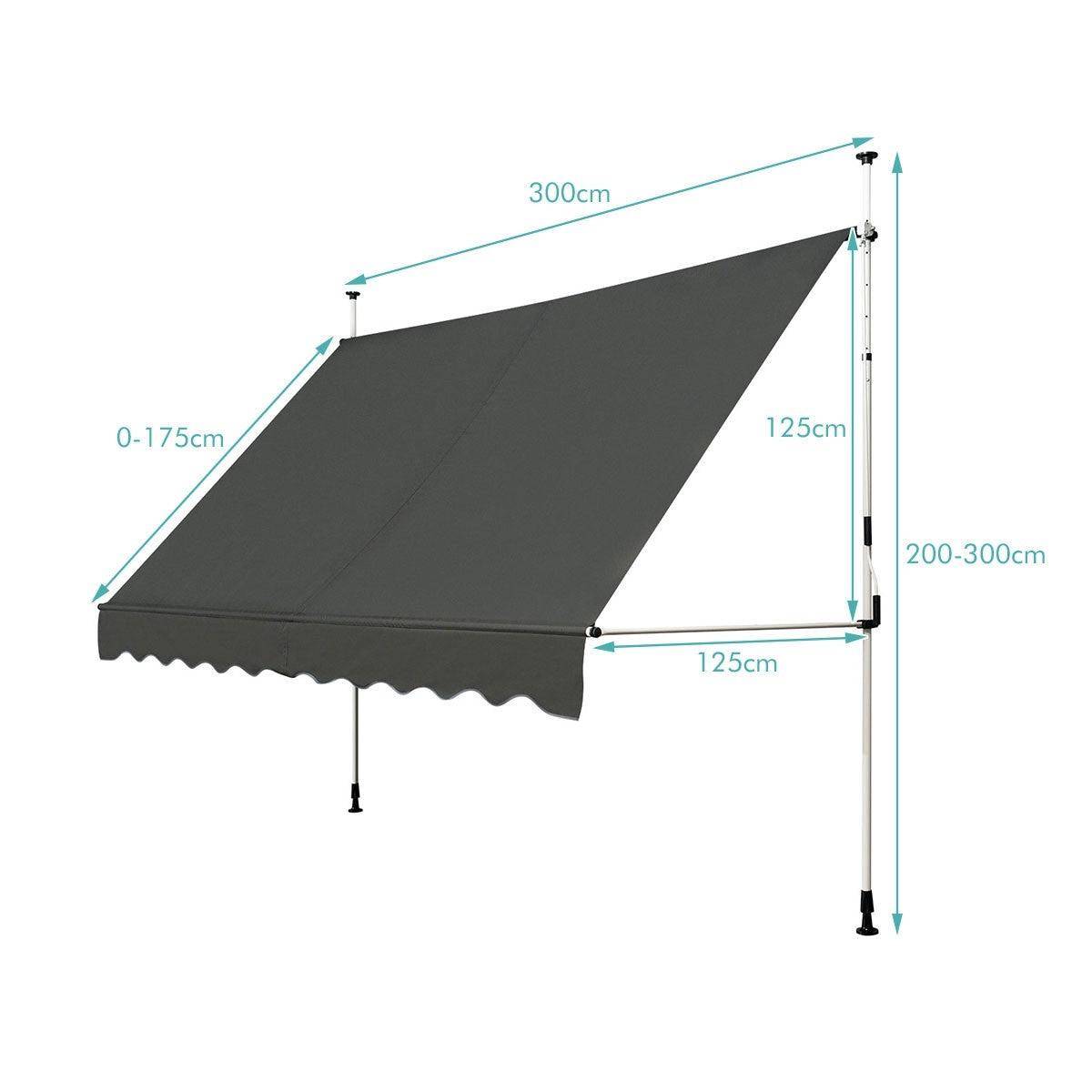 Helloshop26 - Auvent manuel rétractable 300 cm hauteur réglable de 200-300cm store banne fait en aluminium et tissu oxford anti uv gris - Imagen 4
