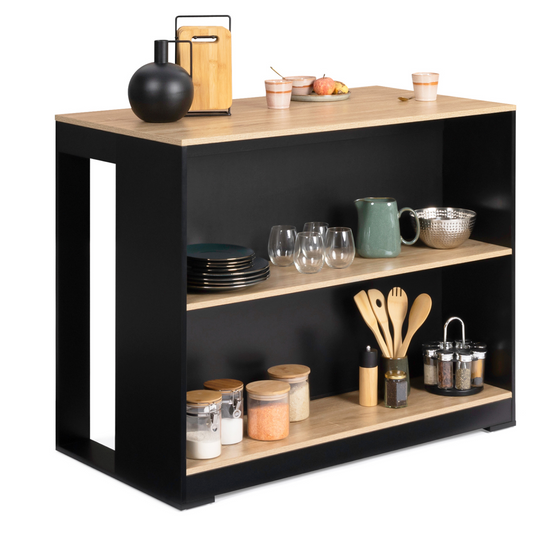 Ensemble table de bar îlot JUNO bois noir avec plateau façon hêtre et 2 tabourets de bar DETROIT - Image 3