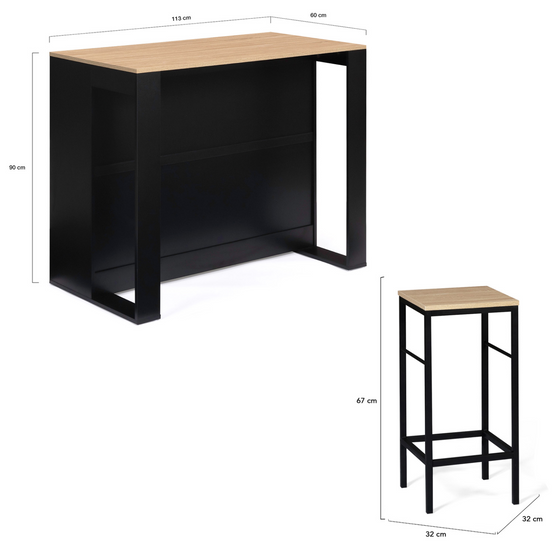 Ensemble table de bar îlot JUNO bois noir avec plateau façon hêtre et 2 tabourets de bar DETROIT - Image 5
