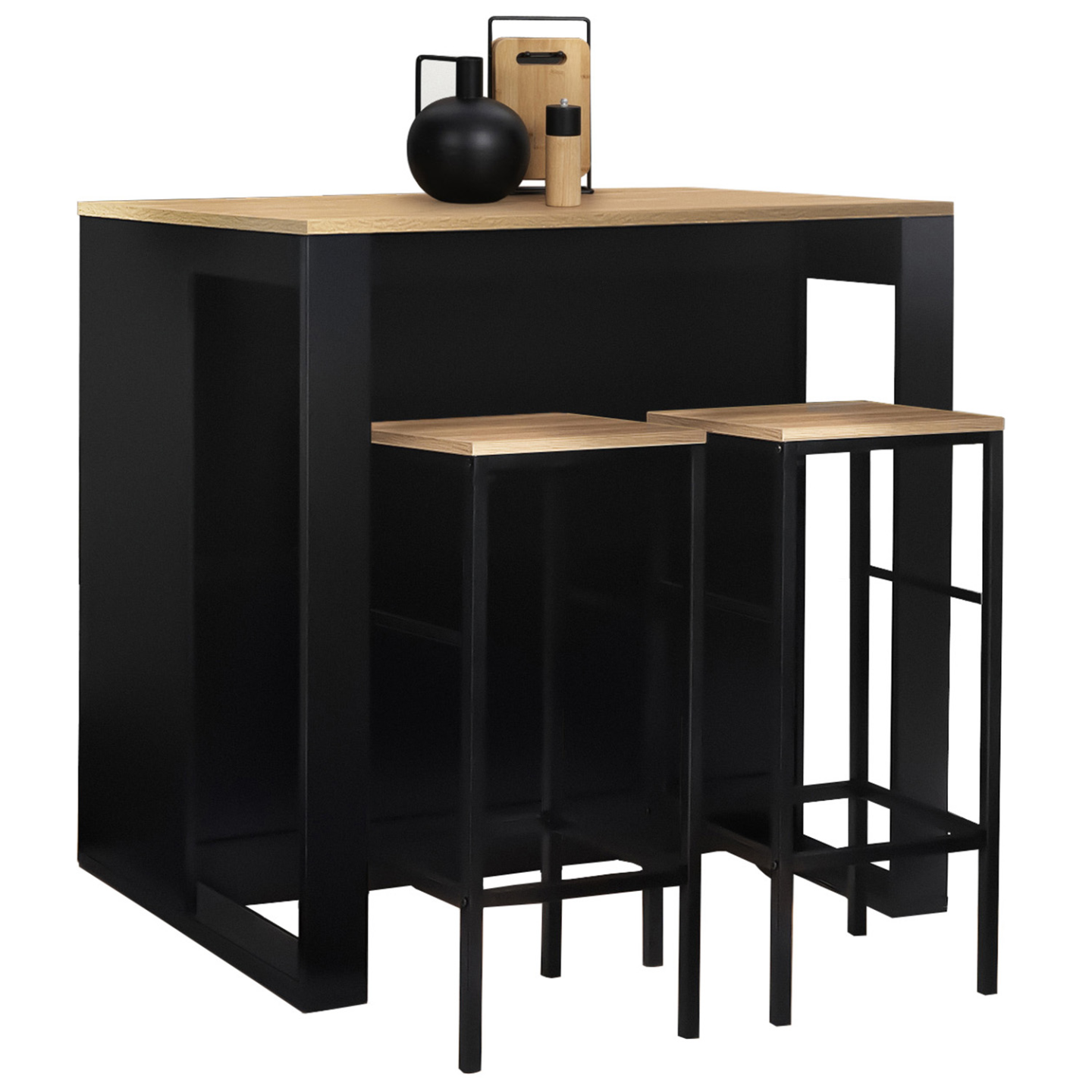 Ensemble table de bar îlot JUNO bois noir avec plateau façon hêtre et 2 tabourets de bar DETROIT - Image 2