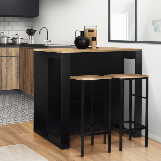 Ensemble table de bar îlot JUNO bois noir avec plateau façon hêtre et 2 tabourets de bar DETROIT - Image 1