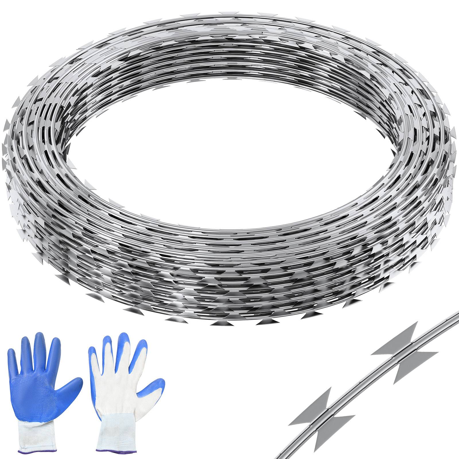 VEVOR Fil de fer barbelé 30 m, 2 rouleaux, galvanisé, gants protection. - Image 1
