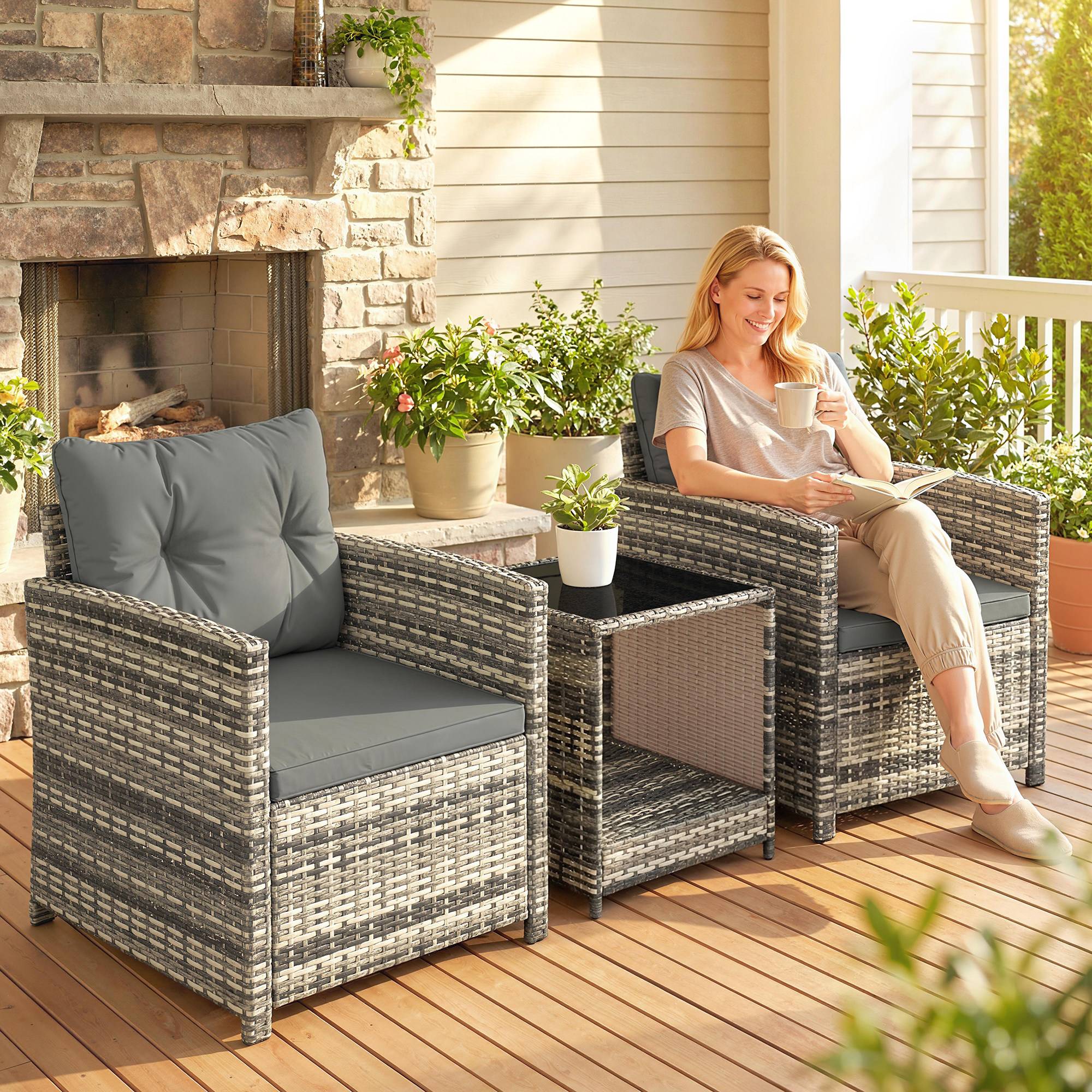 Salon de Jardin Extérieur 3 pièces | Mobilier de jardin Gris clair Résine tressée, Acier 65x62x75 cm - Image 3