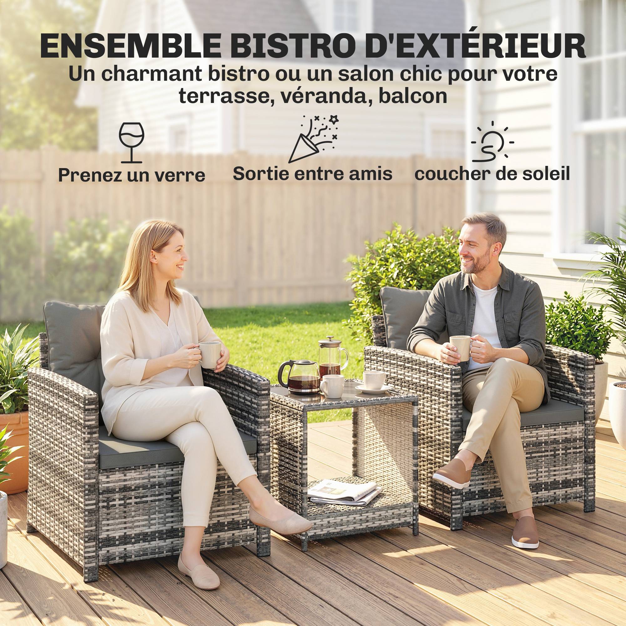 Salon de Jardin Extérieur 3 pièces | Mobilier de jardin Gris clair Résine tressée, Acier 65x62x75 cm - Image 6