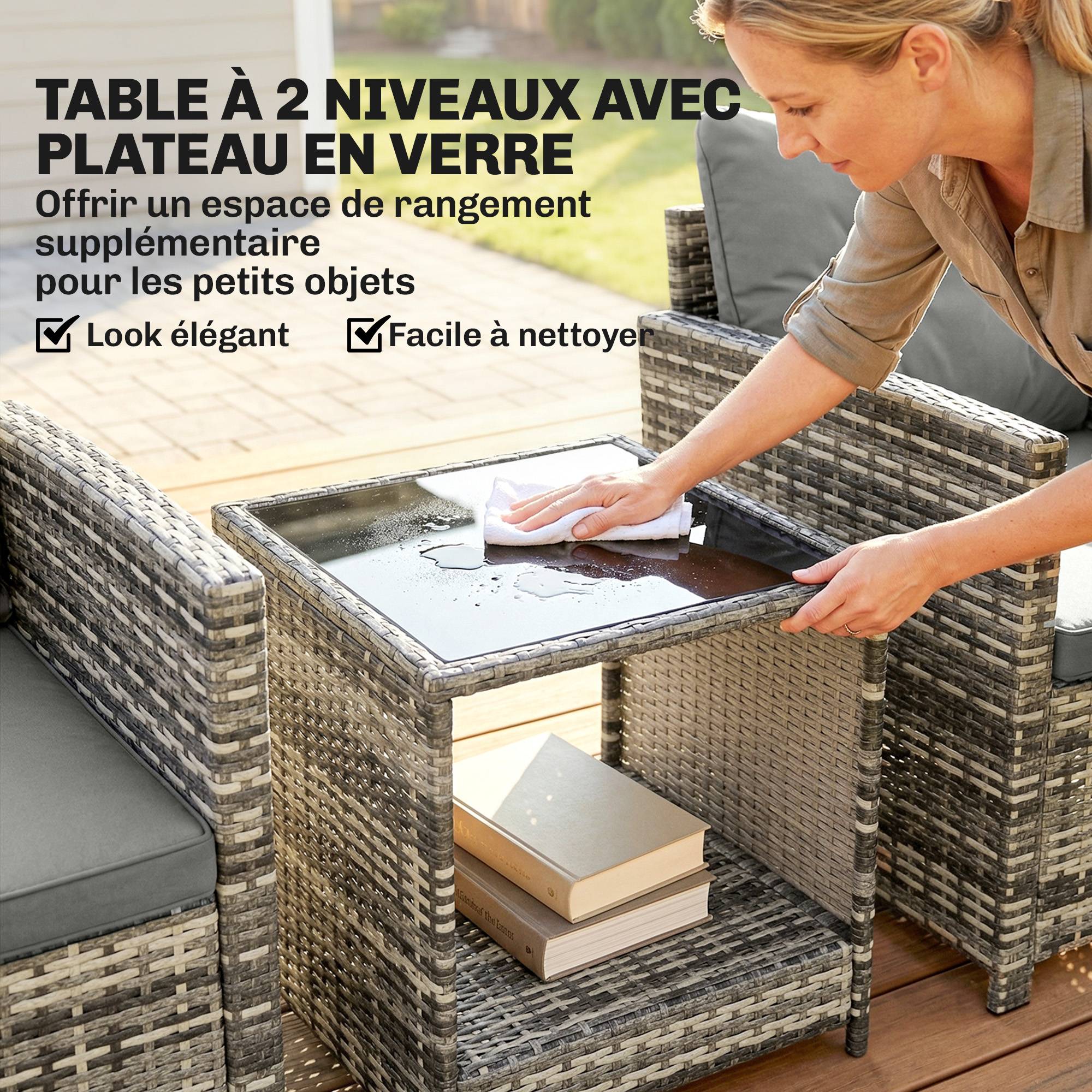 Salon de Jardin Extérieur 3 pièces | Mobilier de jardin Gris clair Résine tressée, Acier 65x62x75 cm - Image 9