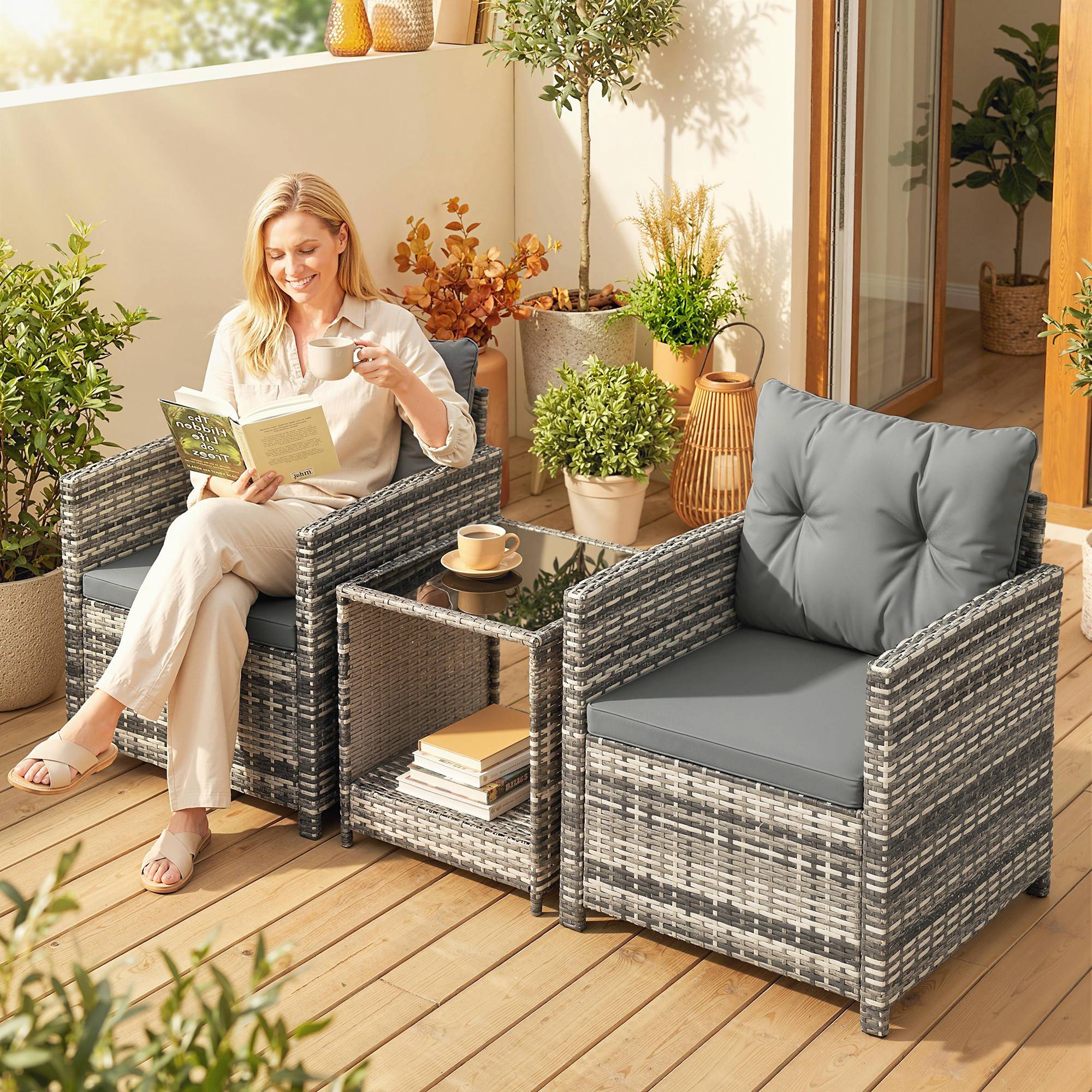 Salon de Jardin Extérieur 3 pièces | Mobilier de jardin Gris clair Résine tressée, Acier 65x62x75 cm - Image 4