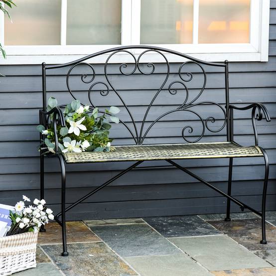 Banc de Jardin 2 Places Style néo-rétro Fer forgé Lignes fuselées métal Noir doré Effet Vieilli - Image 2