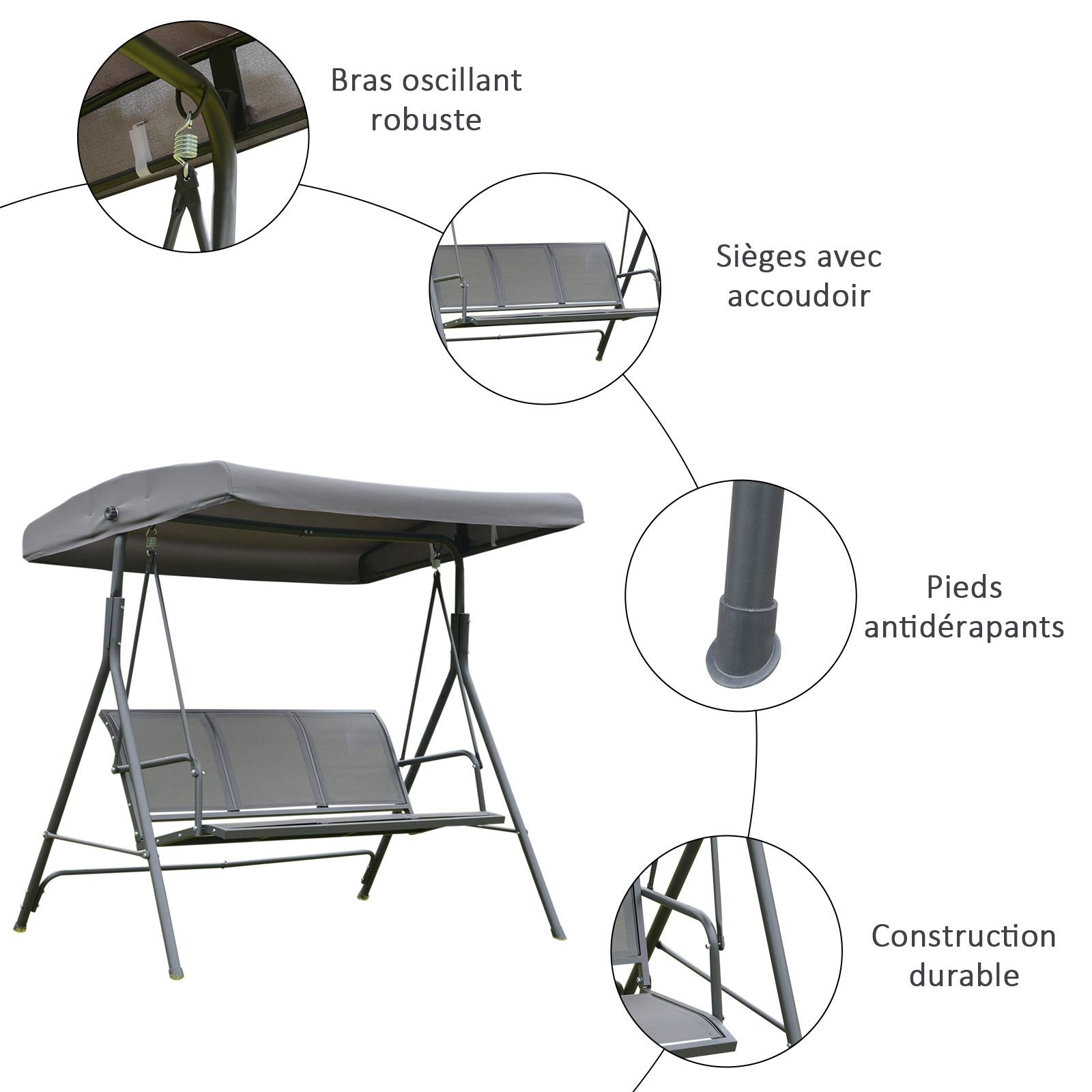 Outsunny - Balancelle de jardin 3 places grand confort toit inclinaison réglable assise et dossier ergonomique acier textilène gris - Outsunny - Image 5