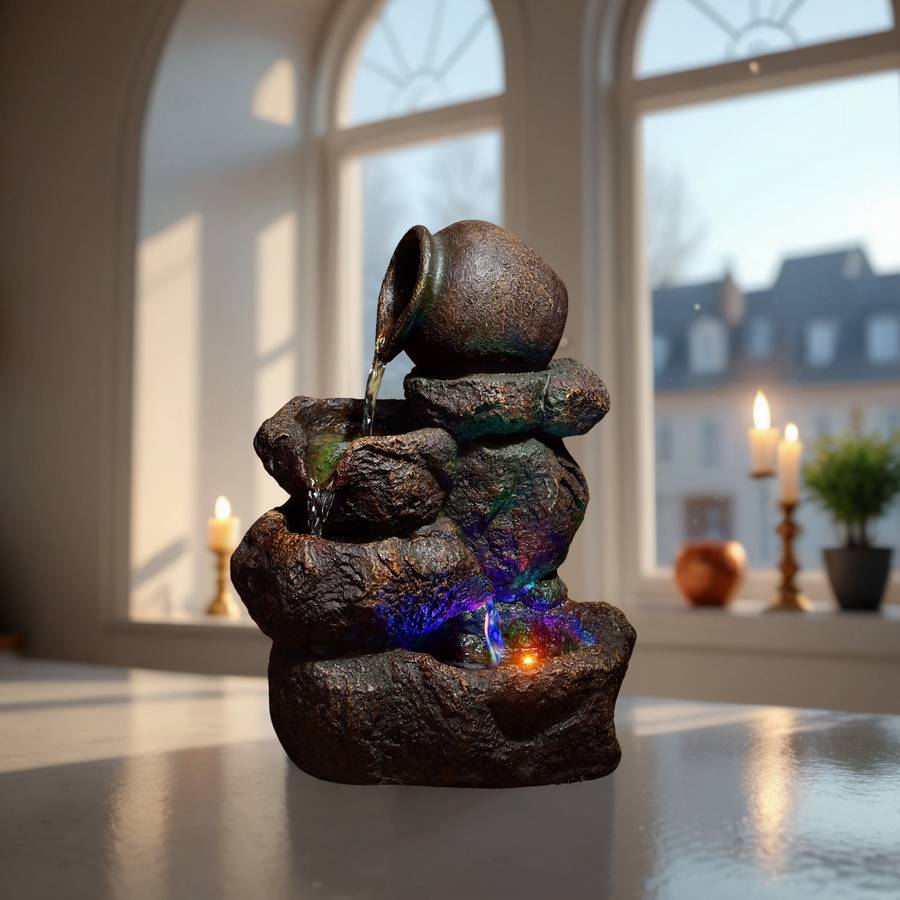 Petite fontaine d'intérieur avec un bhoudda en méditation
