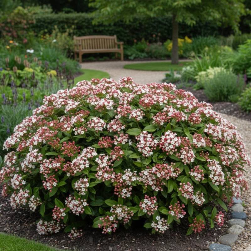Viorne, Laurier Tin Quimper, Viburnum à fleurs Rose - feuillage Persistant - Pot de 3L - 40/60 cm-  hauteur à maturité De 1,50 m à 2,00 m - Image 4