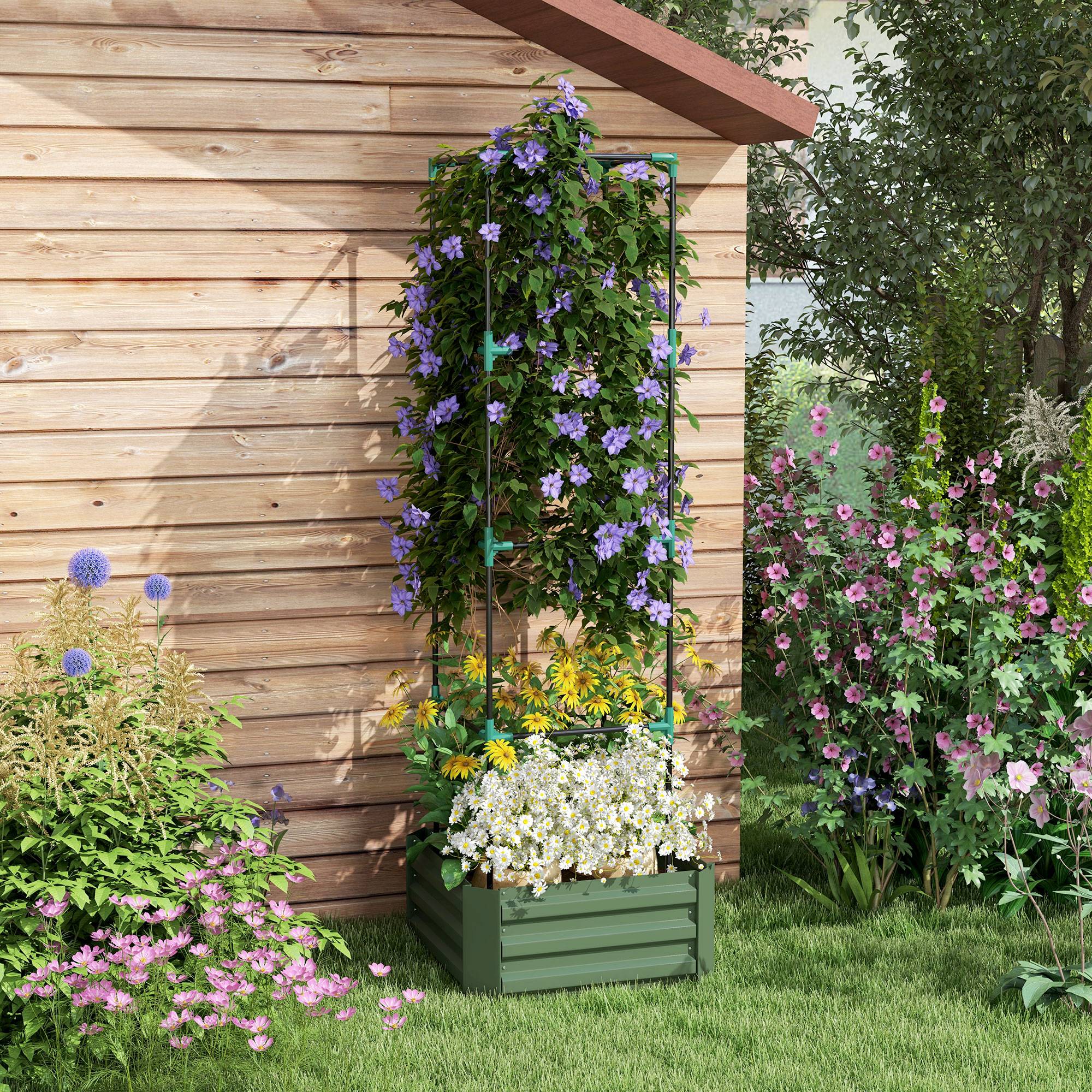 Jardinière avec treillis ajustable, bac à fleurs avec cage à tomates acier galvanisé 61 x 61 x 187 cm vert - Image 3