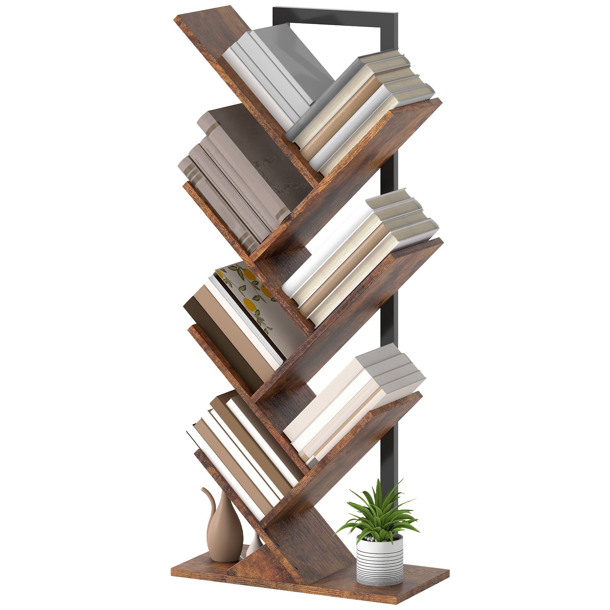 Étagère à livres, étagère autoportante à 7 niveaux, étroite, en forme d'arbre, idéale pour le bureau, couleur marron rustique - Image 2