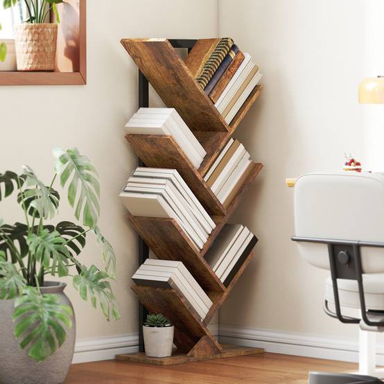 Étagère à livres, étagère autoportante à 7 niveaux, étroite, en forme d'arbre, idéale pour le bureau, couleur marron rustique - Image 3