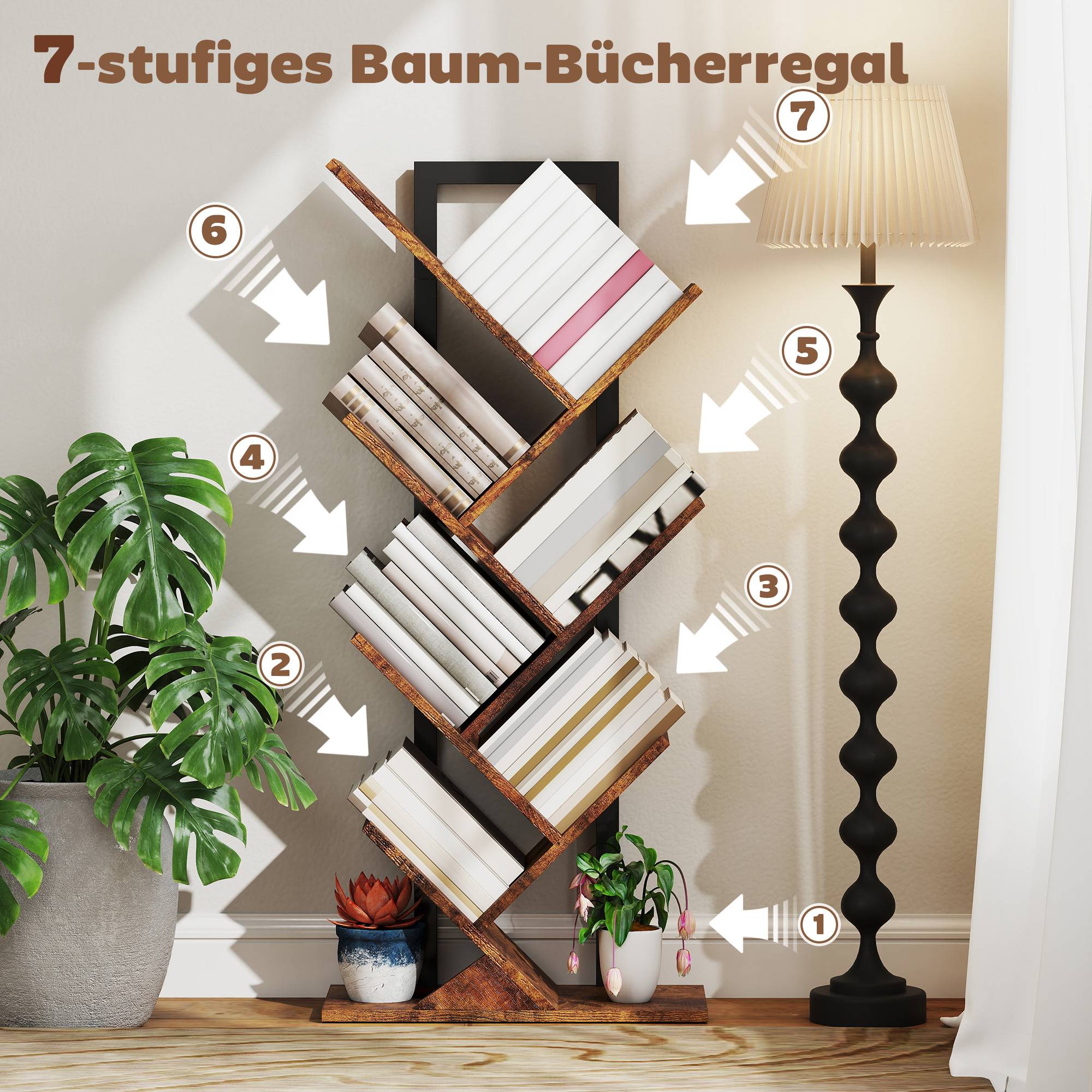 Étagère à livres, étagère autoportante à 7 niveaux, étroite, en forme d'arbre, idéale pour le bureau, couleur marron rustique - Image 6