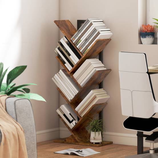 Étagère à livres, étagère autoportante à 7 niveaux, étroite, en forme d'arbre, idéale pour le bureau, couleur marron rustique - Image 4