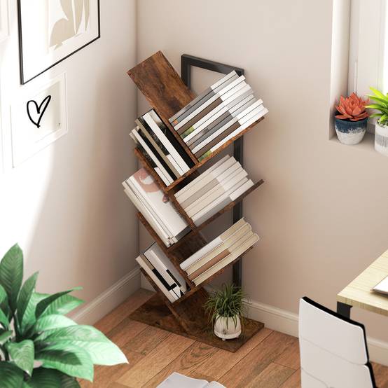 Étagère à livres, étagère autoportante à 7 niveaux, étroite, en forme d'arbre, idéale pour le bureau, couleur marron rustique - Image 9