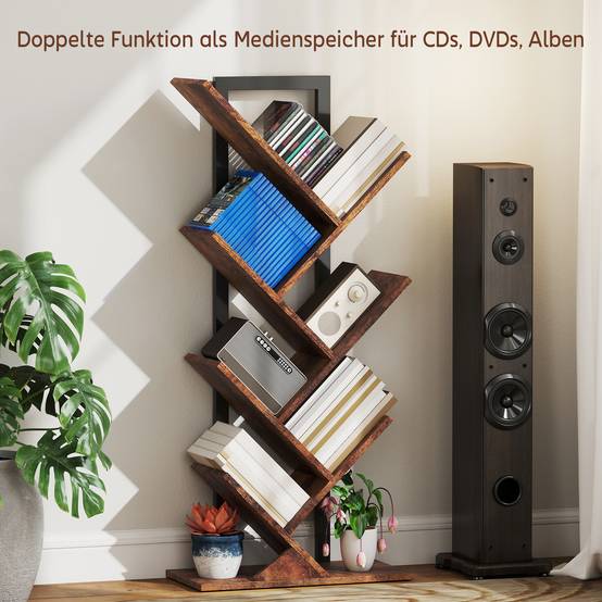 Étagère à livres, étagère autoportante à 7 niveaux, étroite, en forme d'arbre, idéale pour le bureau, couleur marron rustique - Image 8