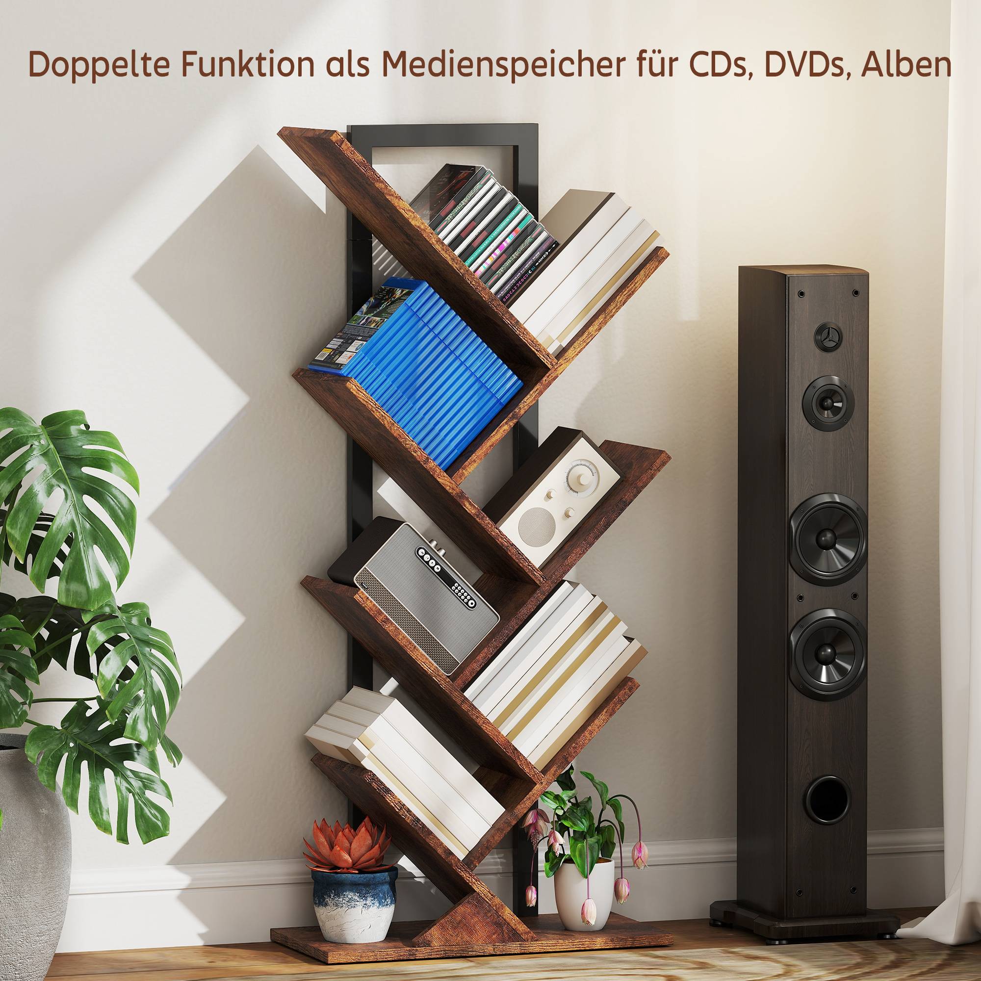 Étagère à livres, étagère autoportante à 7 niveaux, étroite, en forme d'arbre, idéale pour le bureau, couleur marron rustique - Image 8