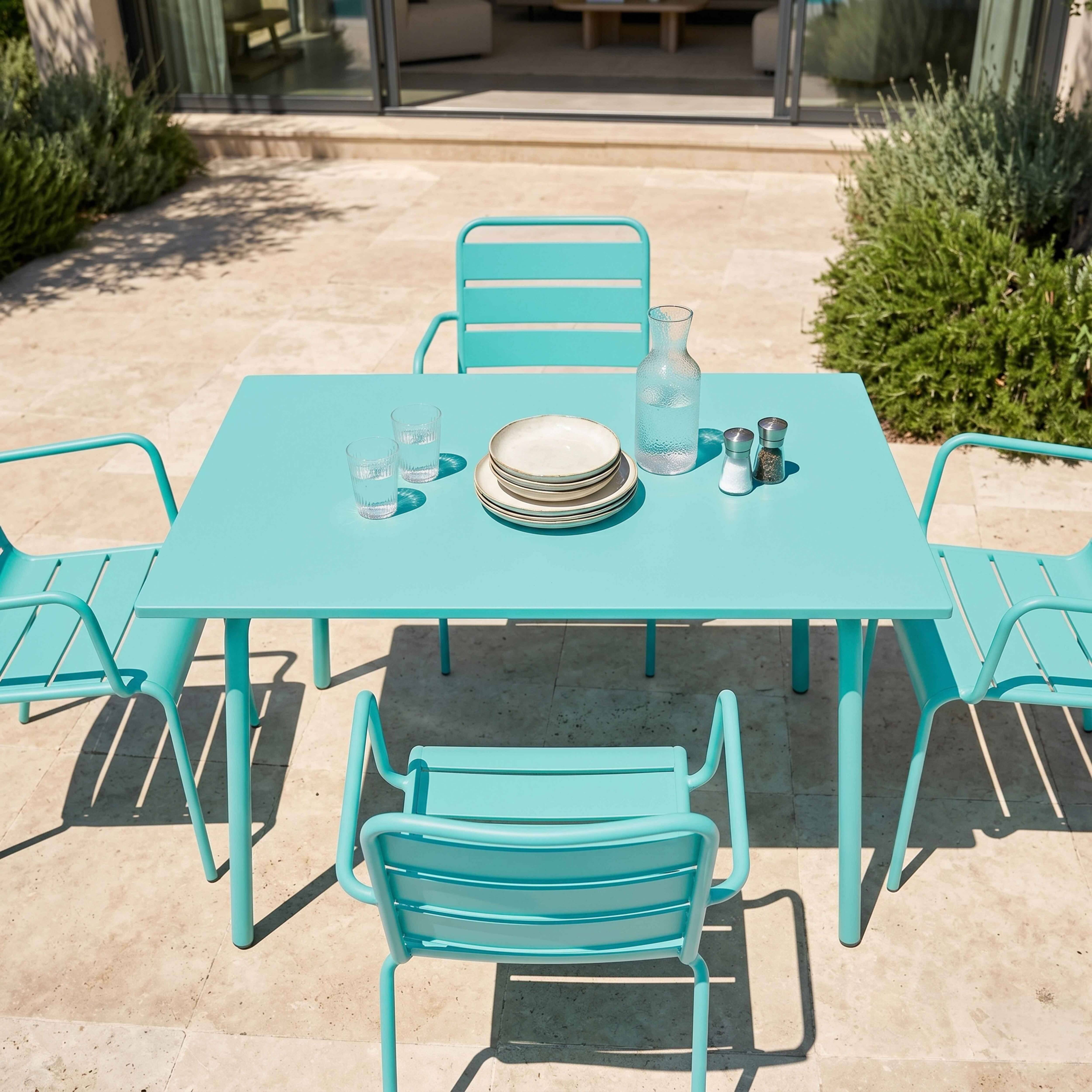 Oviala - Ensemble table de jardin et 4 fauteuils en métal turquoise Palavas - Oviala - Imagen 3