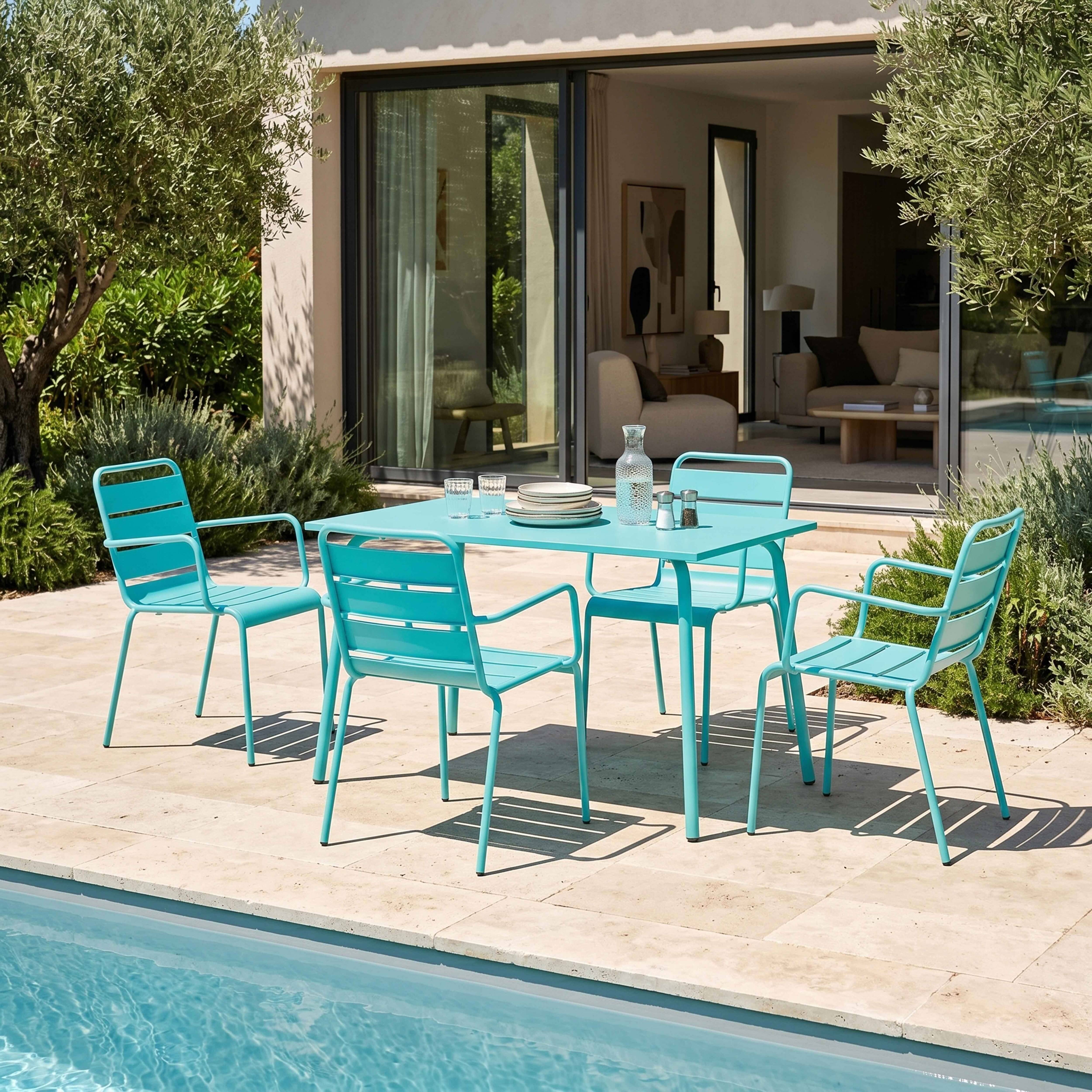 Oviala - Ensemble table de jardin et 4 fauteuils en métal turquoise Palavas - Oviala - Imagen 2