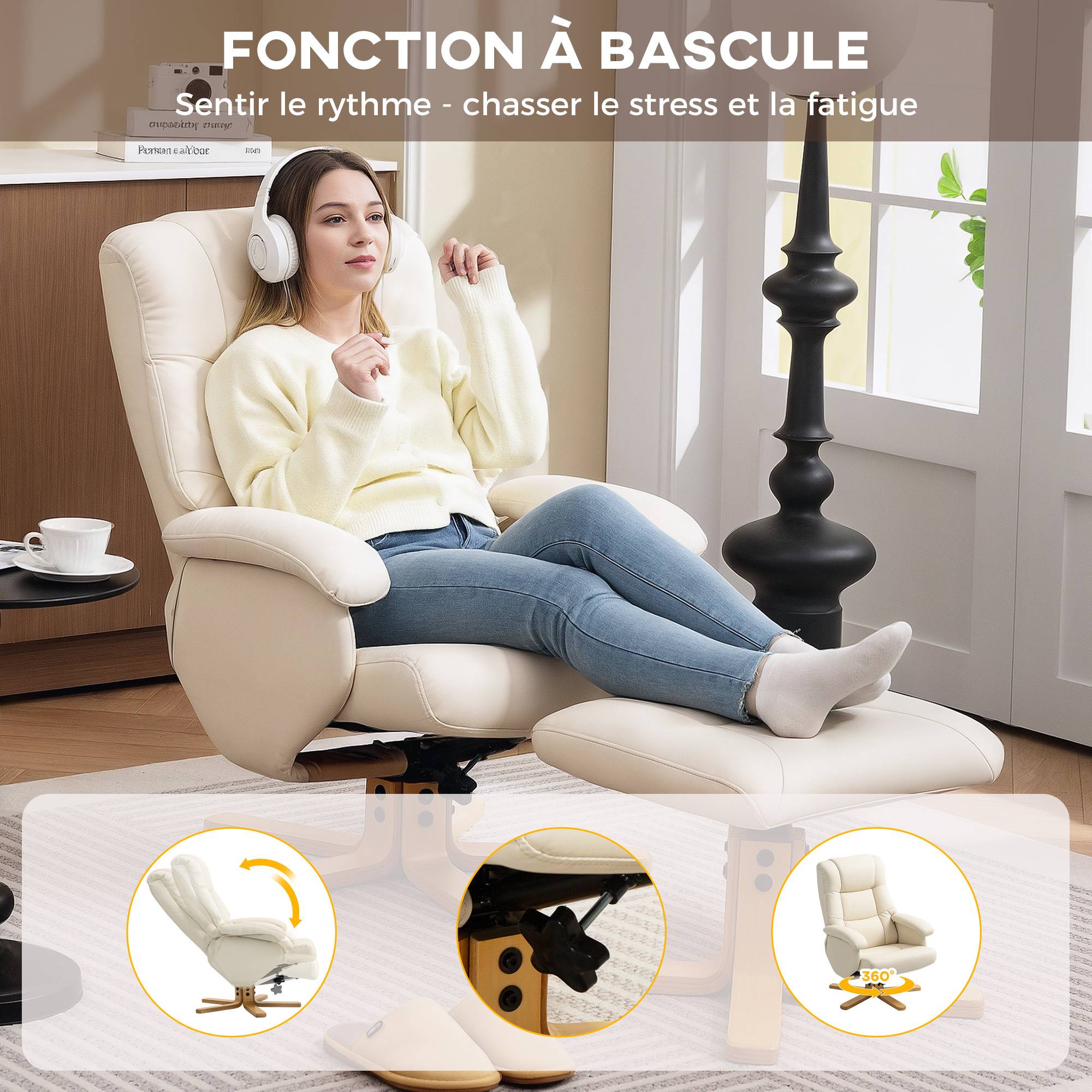 Sans Marque - Fauteuil relax avec repose-pied fauteuil de relaxation pivotant 360° dossier inclinable charge 120 Kg crème - Image 7