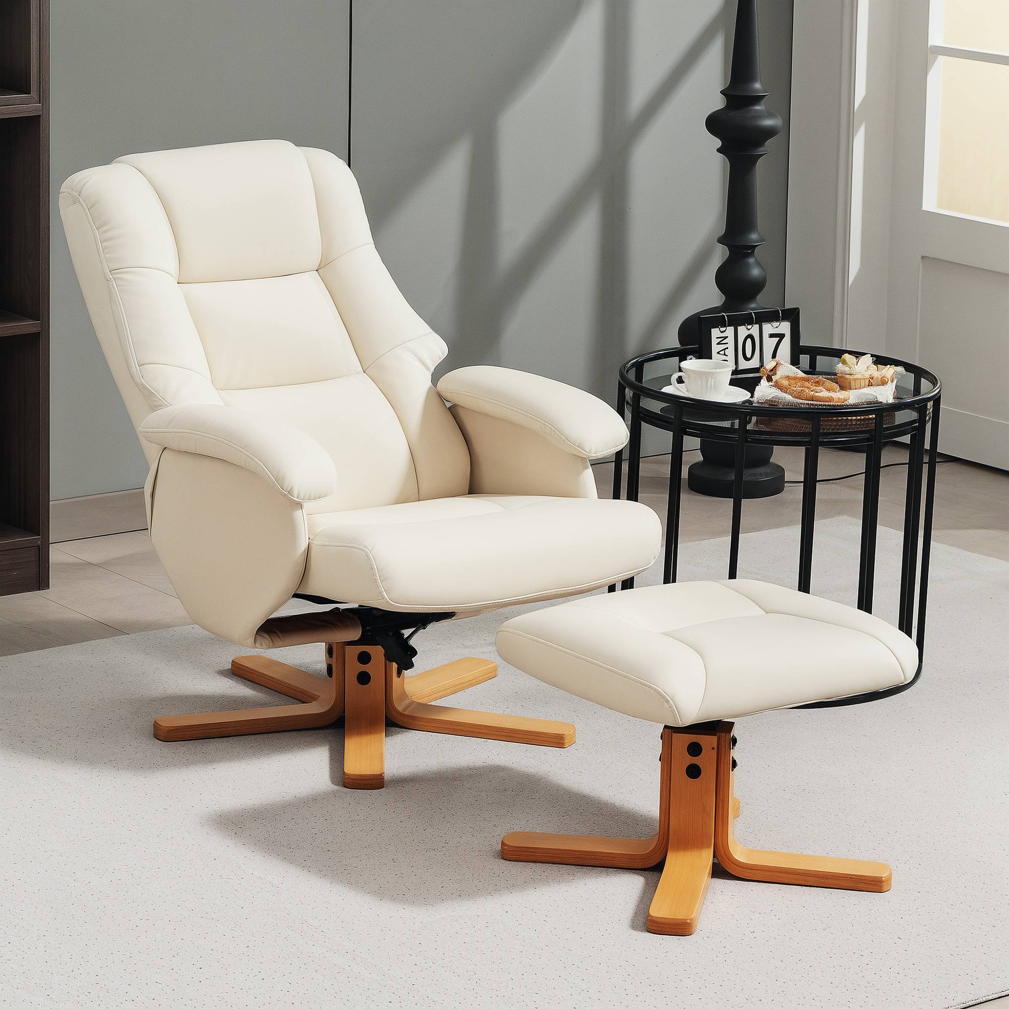 Sans Marque - Fauteuil relax avec repose-pied fauteuil de relaxation pivotant 360° dossier inclinable charge 120 Kg crème - Image 4