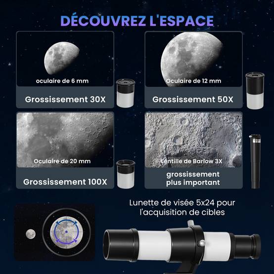 Télescope Astronomique 70 mm, Télescope Réfracteur 100X/50X/30X avec 3 Oculaires, Monture AZ 300 mm, 76x76x133cm - Image 7