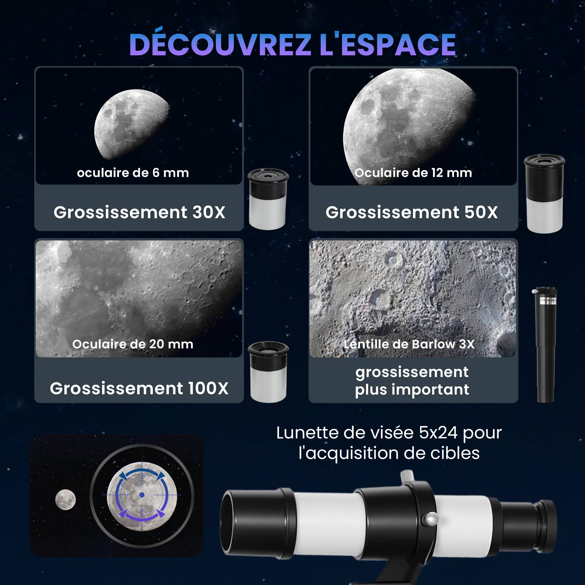 Télescope Astronomique 70 mm, Télescope Réfracteur 100X/50X/30X avec 3 Oculaires, Monture AZ 300 mm, 76x76x133cm - Image 7