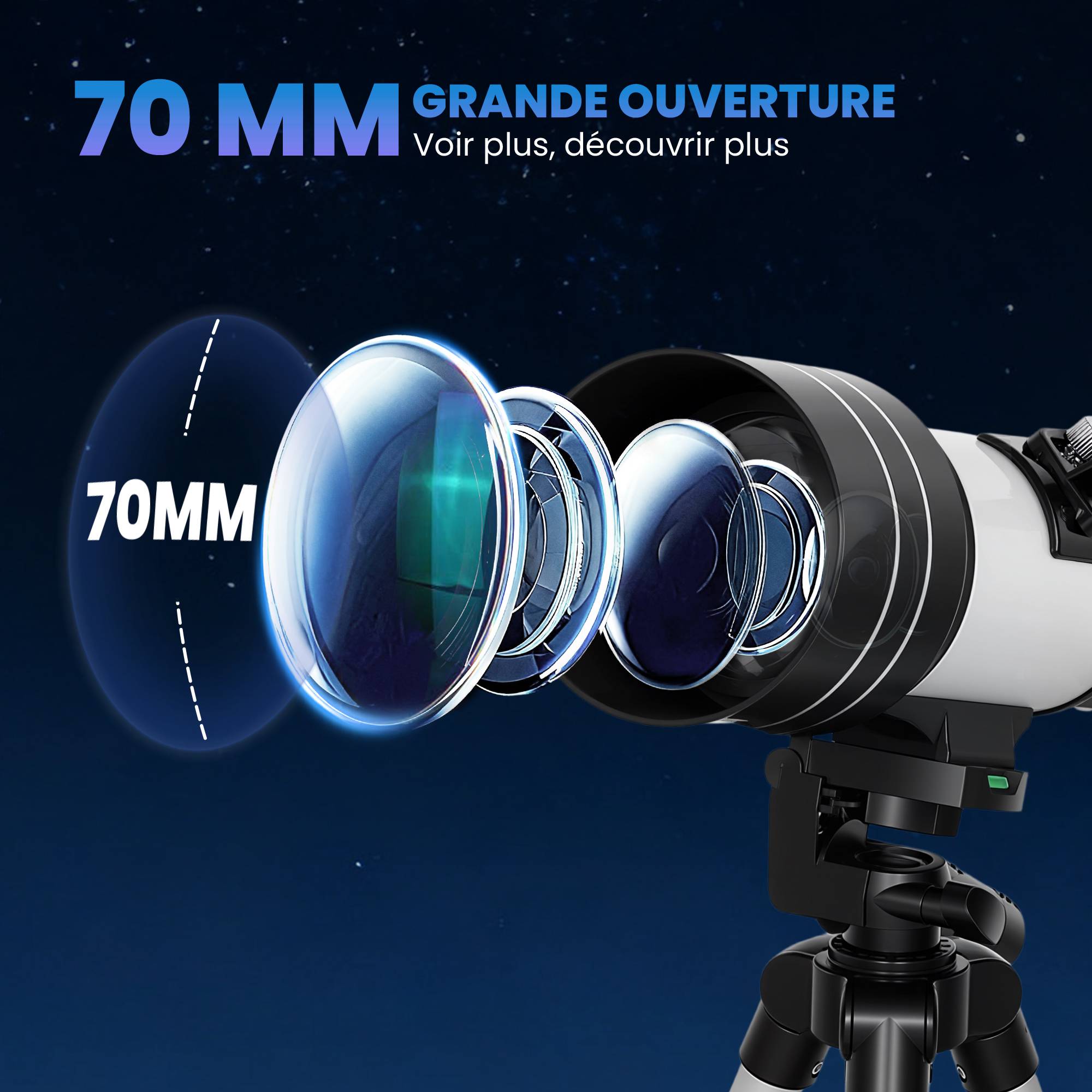 Télescope Astronomique 70 mm, Télescope Réfracteur 100X/50X/30X avec 3 Oculaires, Monture AZ 300 mm, 76x76x133cm - Image 6
